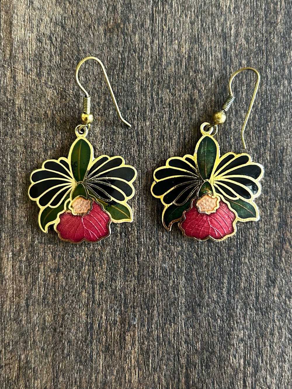 Vintage Boho Cloisonné Enamel Orchid Gold-Tone Dangle Drop Earrings